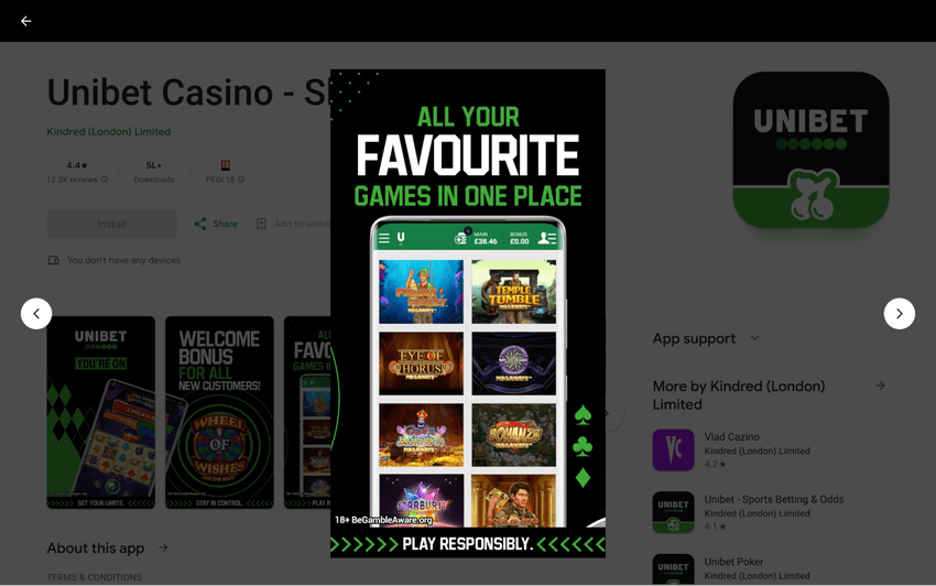 Aplicația Unibet cu selecție de jocuri cazino pe mobil
