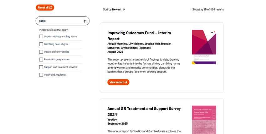 Research reports and filters on GambleAware website
