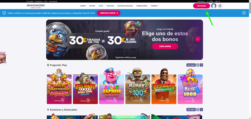 Captura de Casino Gran Madrid Online señalando el acceso al cajero mediante el botón Depositar situado en la parte superior de la pantalla.