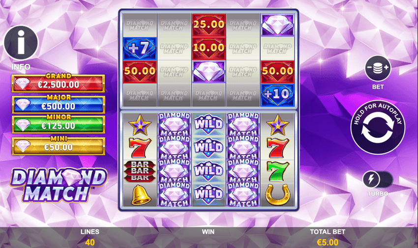 Diamond Match slot by Playtech showing twin grids and four fixed jackpot tiers