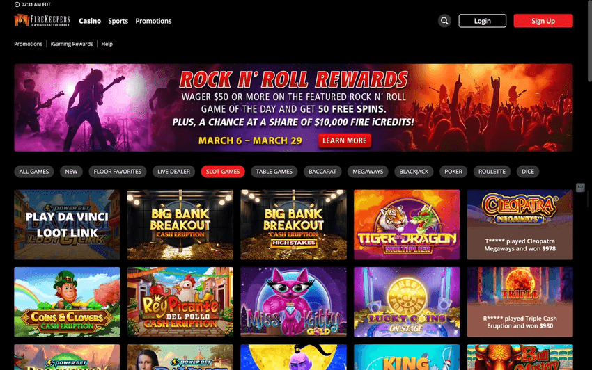 FireKeepers Casino homepage featuring promotions and slot game categories