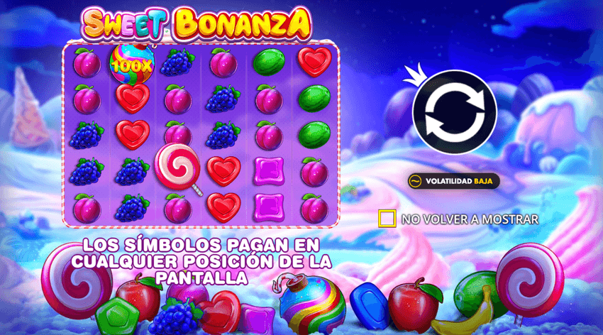 Sweet Bonanza de Pragmatic Play Pantalla de Sweet Bonanza de Pragmatic Play con volatilidad baja indicada
