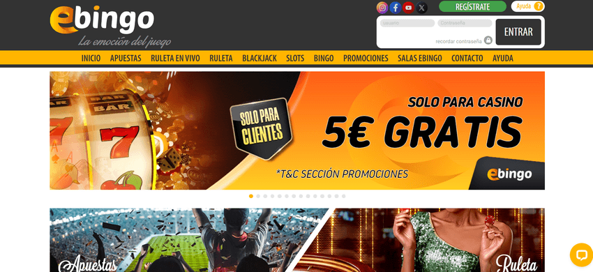 Página principal de eBingo España Página de inicio de eBingo con el menú principal y un banner promocional de 5 € gratis para casino.