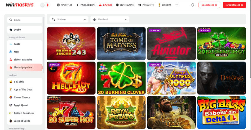 Biblioteca de sloturi disponibile pe platforma Winmasters Casino.