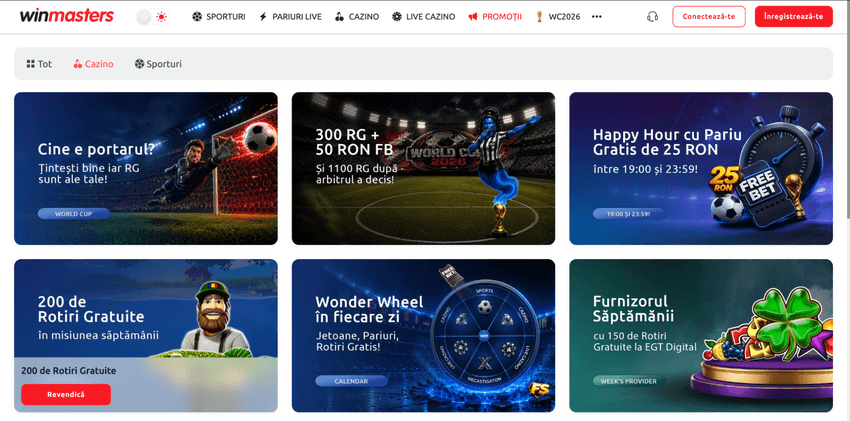 Pagina cu bonusuri și promoții disponibile la Winmasters Casino.