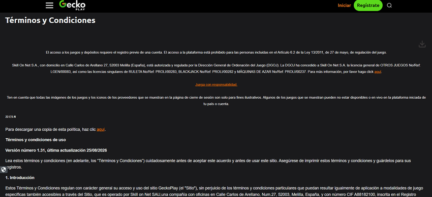 Términos y condiciones de GeckoPlay Casino Página de términos y condiciones de GeckoPlay Casino España