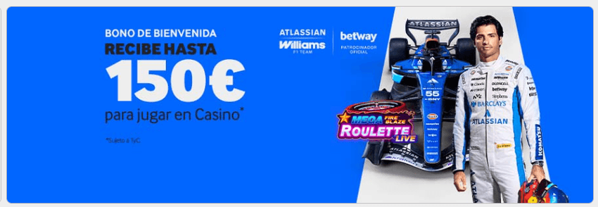 Banner publicitario del bono de bienvenida de Betway Casino ofreciendo una igualación del 100% sobre el primer depósito del usuario hasta un máximo de 150 euros.