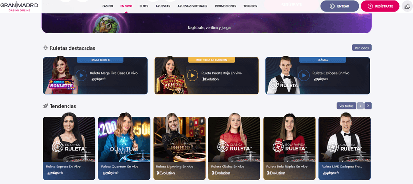 Ruletas en vivo Gran Casino Madrid Sección de ruletas en vivo de Gran Casino Madrid con mesas como Ruleta Mega Fire Blaze, Puerta Roja y Casiopea.