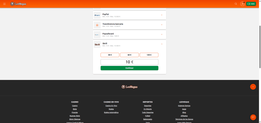 Skrill como método de depósito en LeoVegas Captura del cajero de LeoVegas España mostrando Skrill entre los métodos de pago disponibles junto a PayPal, Bizum, Paysafecard y transferencia bancaria.