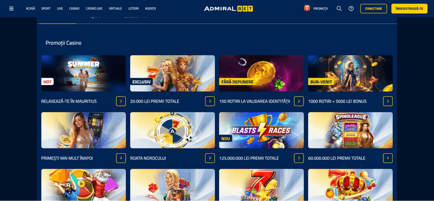Pagina de promoții AdmiralBet cu bonus de bun venit, rotiri fără depunere și campanii casino