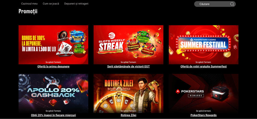 Promoții disponibile la PokerStars Casino România Pagina de promoții PokerStars Casino cu bonus de bun venit, Summerfest, cashback și PokerStars Rewards
