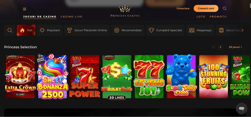 Selecția de jocuri Princess Casino Lobby Princess Casino cu sloturi populare precum Sweet Bonanza 2500, Extra Crown și 777 Sevens Joy