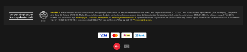 888 Casino footer met bedrijfsinformatie en Nederlandse licentiegegevens Screenshot van de footer van 888 Casino met informatie over Godwits Limited en Kansspelautoriteit-licentie