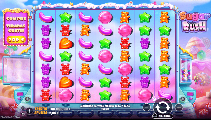 Sugar Rush de Pragmatic Play Pantalla de Sugar Rush de Pragmatic Play con símbolos de caramelos y multiplicadores por posición