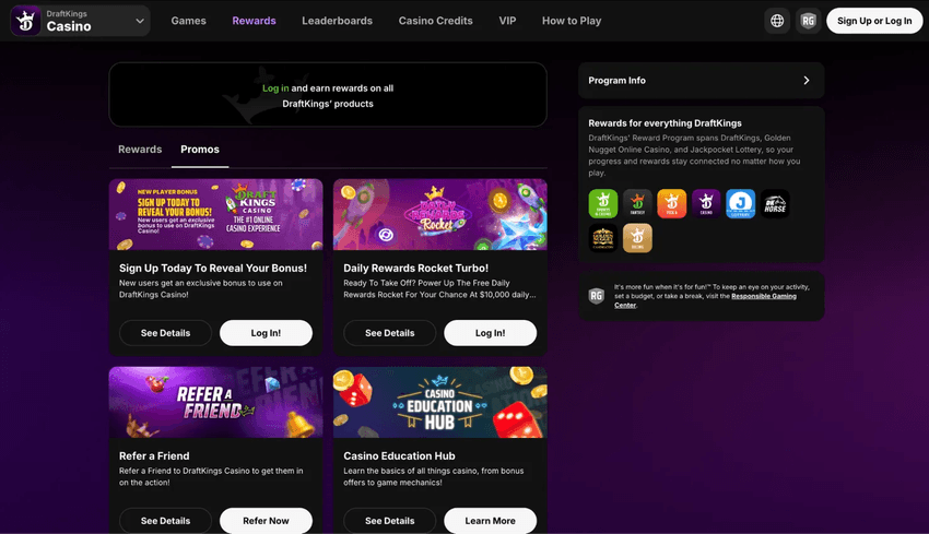 DraftKings Casino Promotions DraftKings Casino promotions page featuring welcome offers, bonus deals, and ongoing player rewards.