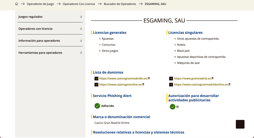 Licencias de juego de ESGAMING para Casino Gran Madrid Online en el registro oficial de la DGOJ