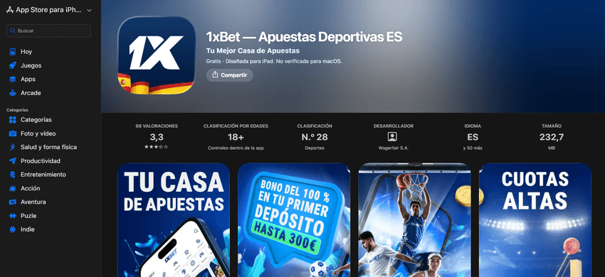 Ficha de la aplicación de 1xBet para iPhone en la App Store con valoración y capturas de pantalla.