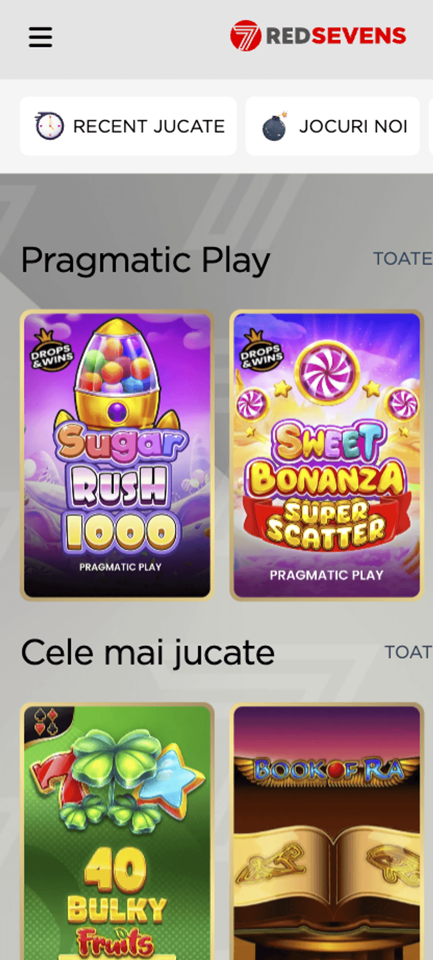 RedSevens Casino – experiența pe mobil RedSevens Casino pe mobil cu jocuri Pragmatic Play și secțiunea Cele mai jucate