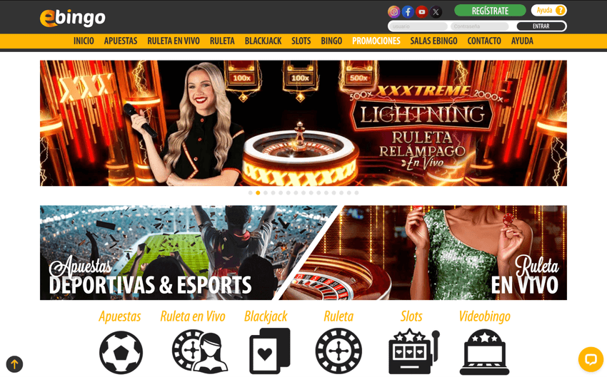 Plataforma de juego de eBingo Página principal de eBingo con acceso a bingo, ruleta en vivo, blackjack, slots y apuestas deportivas.