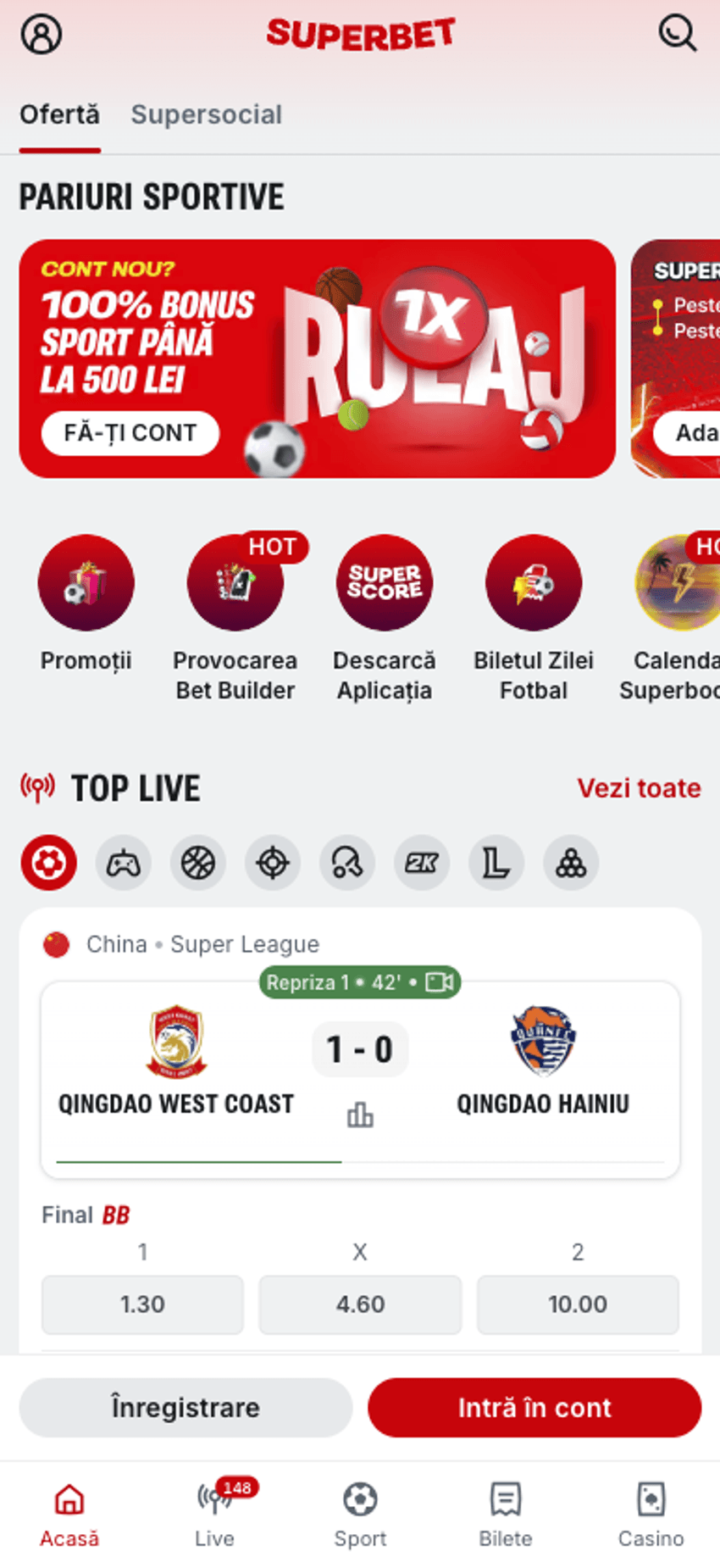 Experiența Superbet pe mobil Interfața mobilă Superbet cu pariuri live, promoții și acces la secțiunea Casino