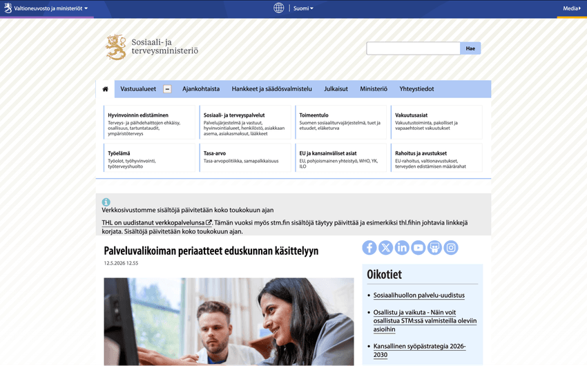 Sosiaali- ja terveysministeriön verkkosivuston etusivu