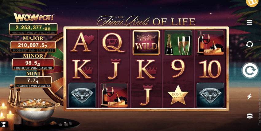 The Finer Reels of Life WOWPOT – προοδευτικό τζάκποτ Στιγμιότυπο του The Finer Reels of Life WOWPOT με σύμβολα πολυτέλειας και επίπεδα τζάκποτ