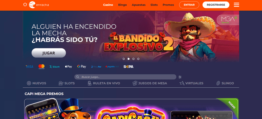 Página principal de Enracha Casino España Página principal de Enracha Casino España con juegos, métodos de pago y categorías
