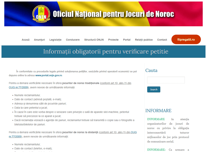 Cum depui o petiție la ONJN – Verificare și proceduri Pagina ONJN cu informații pentru depunerea și verificarea petițiilor privind jocurile de noroc