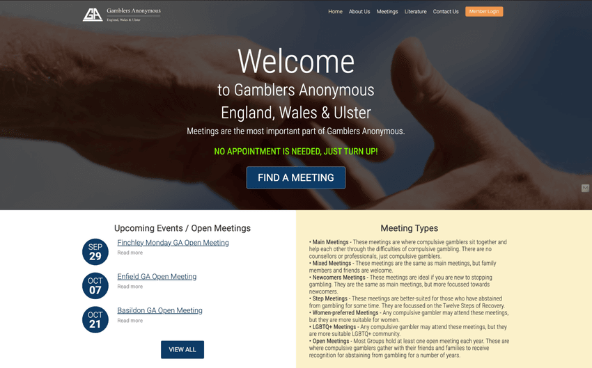 Welcome to Gamblers Anonymous – UK Meetings and Recovery Community Gamblers Anonymous UK homepage inviting visitors to attend open meetings