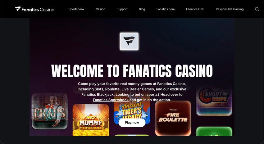 Fanatics Casino homepage featuring real-money slots, roulette, live dealer games, and exclusive casino titles.