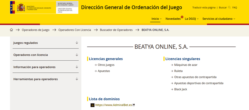 Página oficial de la DGOJ con licencia de AdmiralBet