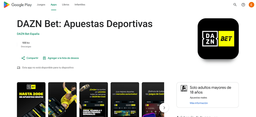 App de DAZN Bet para Android Página de la aplicación DAZN Bet España en Google Play para dispositivos Android.
