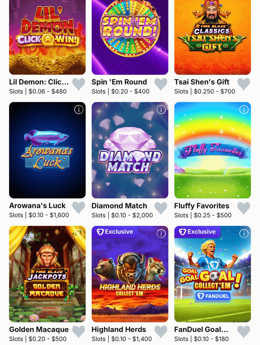 Playtech slot selection at FanDuel Casino with Spin 'Em Round, Tsai Shen's Gift, Diamond Match, and Collect 'Em games