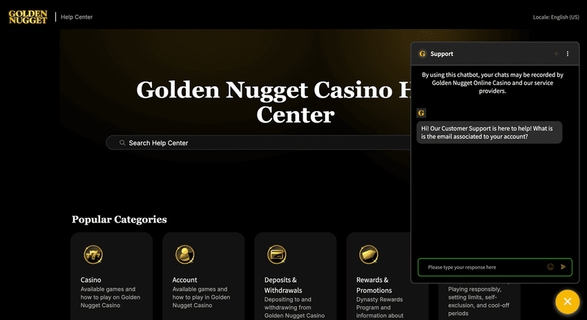 Screenshot showing Golden Nugget Michigan customer support via live chat