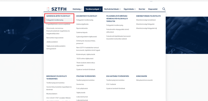 SZTFH – Szerencsejáték-felügyeleti tevékenységek áttekintése Szerencsejáték-felügyelet menü SZTFH oldalán