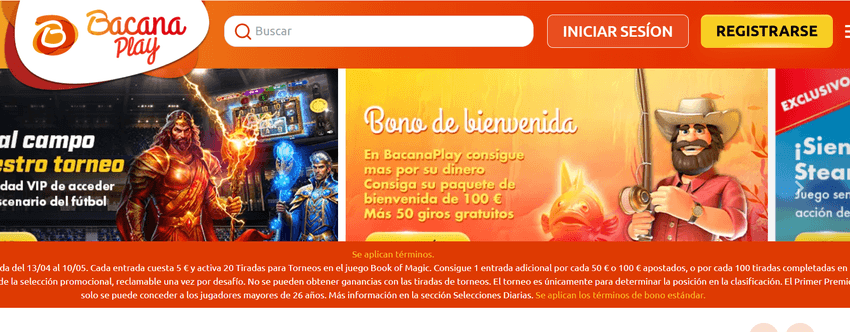 Bono bienvenida Bacana Play Banner del bono de bienvenida de Bacana Play con oferta de hasta 100€ y giros gratis