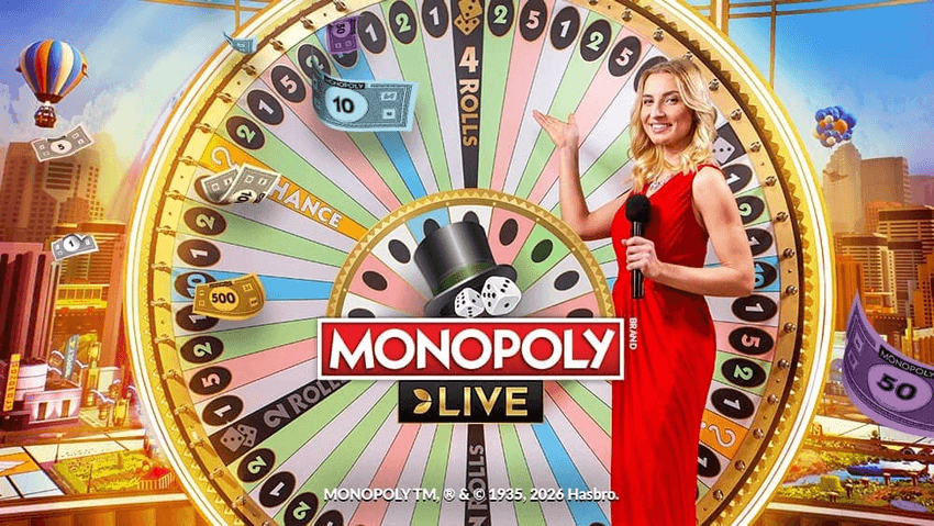 Monopoly Live Προωθητική εικόνα του Monopoly Live με παρουσιάστρια μπροστά από τον μεγάλο τροχό του παιχνιδιού.