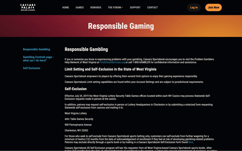 Responsible Gambling page at Caesars Palace Online Casino West Virginia presenting safer gambling tools and support resources.