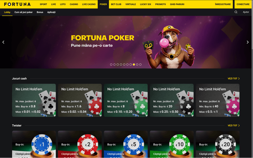 Fortuna Poker lobby cu mese cash și turnee disponibile