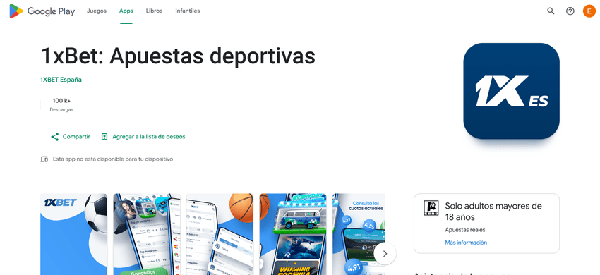 Página de la aplicación oficial de 1xBet España en Google Play para dispositivos Android.