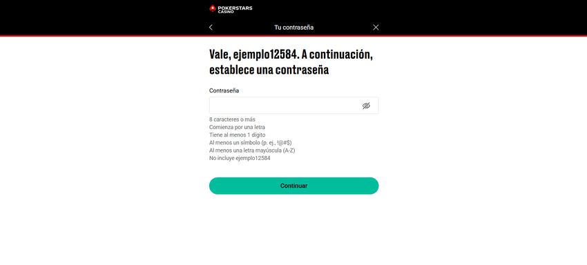 Formulario para crear contraseña segura en el registro de PokerStars.