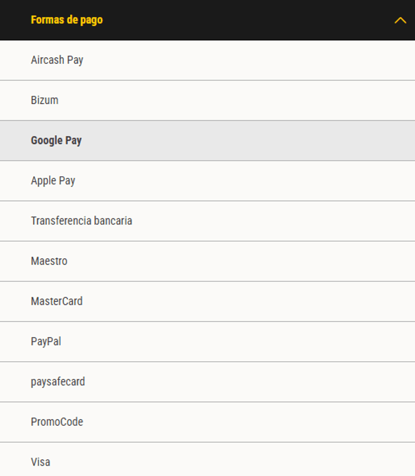 Lista de métodos de pago disponibles en bwin desde el menú del cajero