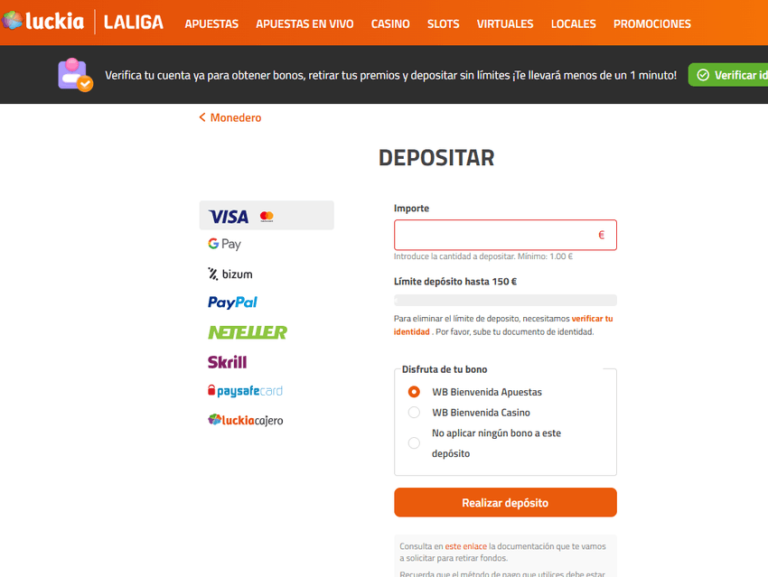 Sección de depósito en Luckia con métodos de pago como Visa, Bizum, PayPal, Skrill y Neteller.