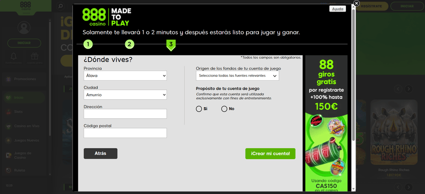 Completar registro en 888casino Formulario de 888casino solicitando dirección, provincia y origen de los fondos de juego.