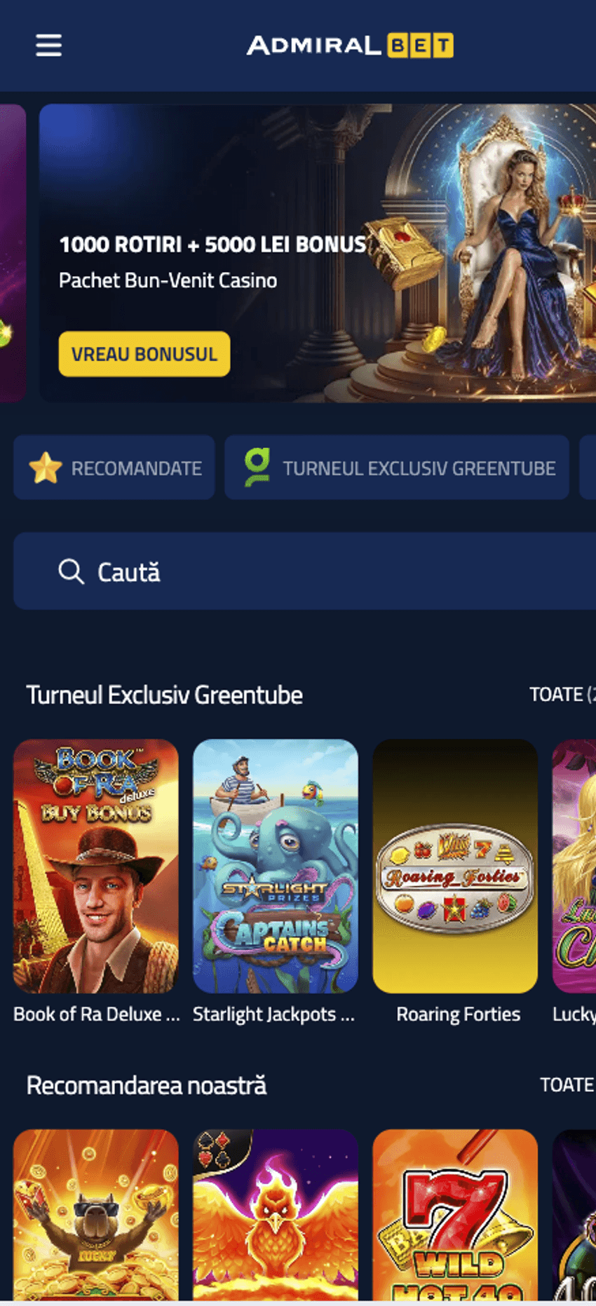 AdmiralBet Casino – versiunea mobilă Versiunea mobilă AdmiralBet Casino cu oferta de bun venit de 1.000 de rotiri și 5.000 RON, căutare și jocuri Greentube