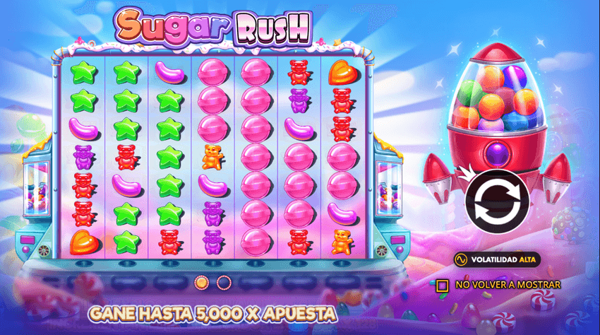 Sugar Rush de Pragmatic Play Pantalla de Sugar Rush de Pragmatic Play con indicador de volatilidad alta