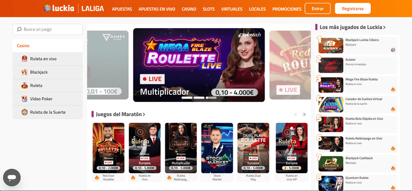 Sección de casino en Luckia con ruletas en vivo, blackjack y juegos más populares.