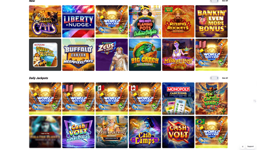 Four Winds Casino New Games and Jackpots Four Winds Casino page featuring newly released games and progressive jackpot slot titles.