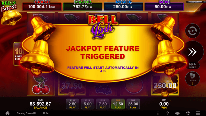Bell Link Jackpot Feature Triggered Η ενεργοποίηση του Bell Link Jackpot Feature στο 40 Shining Crown Bell Link.