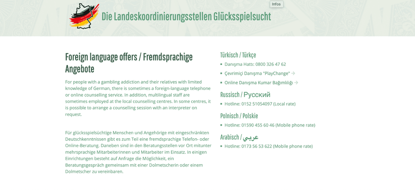 Fremdsprachige Beratungsangebote – Hilfe bei Glücksspielsucht in mehreren Sprachen Screenshot der Webseite der Landeskoordinierungsstellen Glücksspielsucht mit fremdsprachigen Angeboten für Betroffene, zeigt Kontaktinformationen auf Türkisch, Russisch, Polnisch und Arabisch